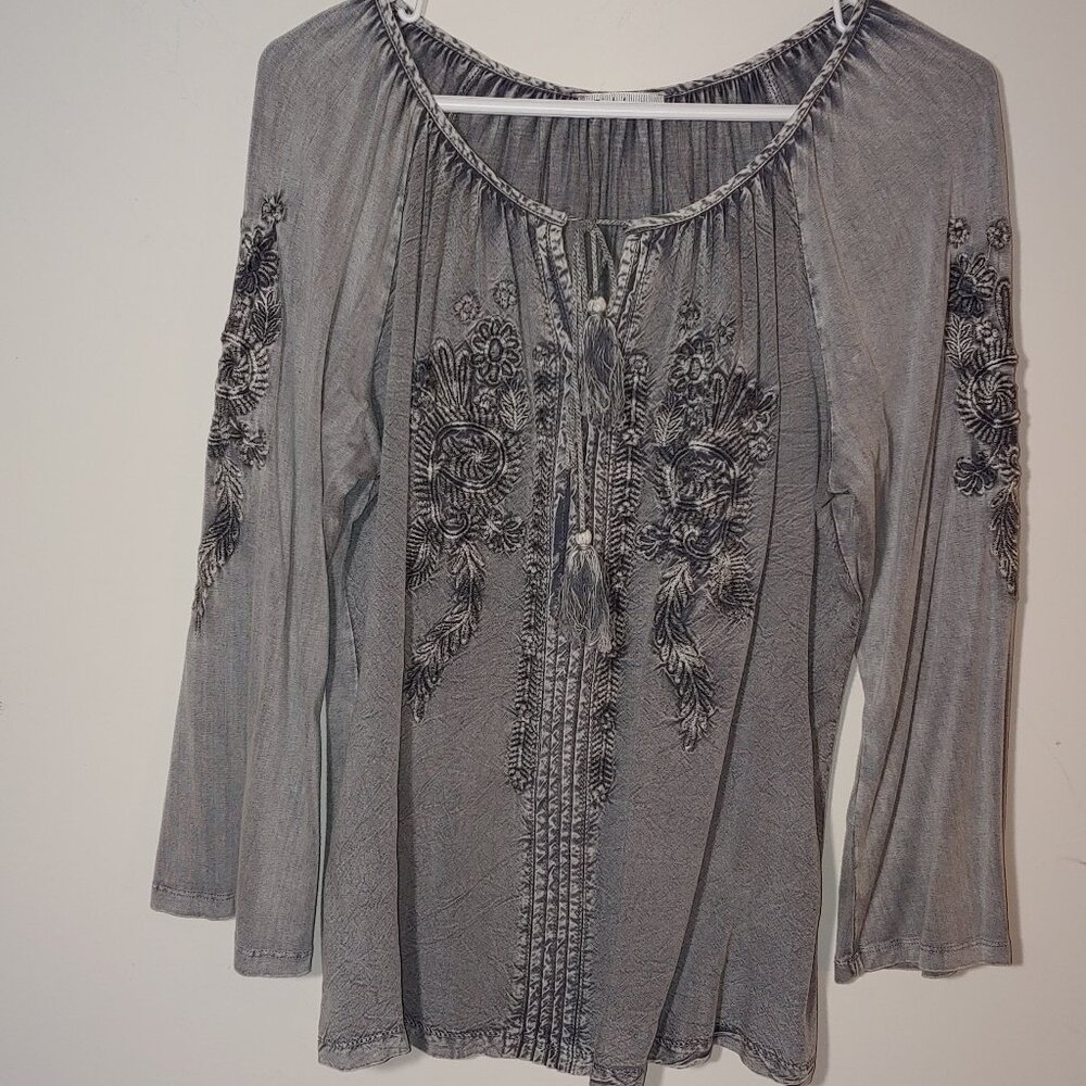 Solitaire Grey Embroidered Long Sleeve Peasant Boho Blouse L